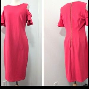 Calvin Klein Cold-Shoulder Sheath Dress in Coral Pink
